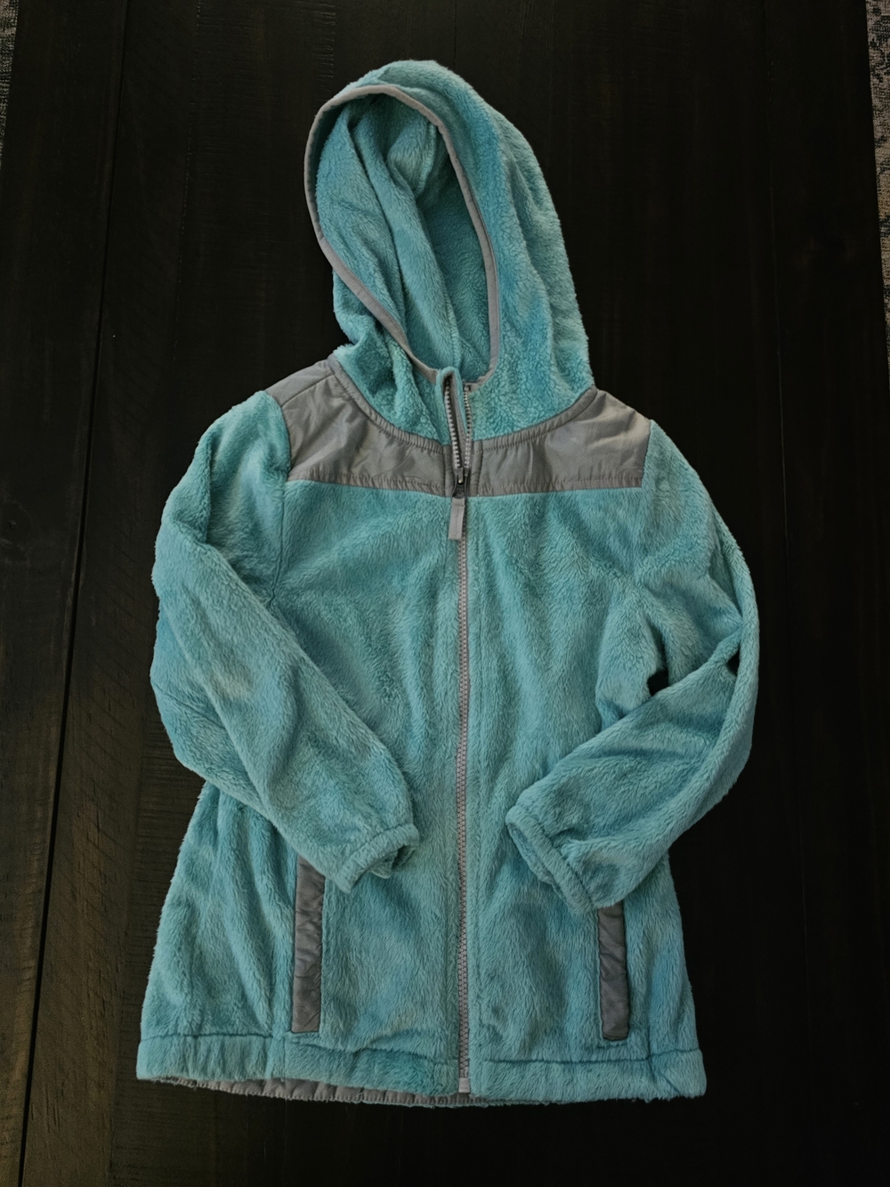 Teal Hooded Plush Zip-Up Jacket with Gray Trim